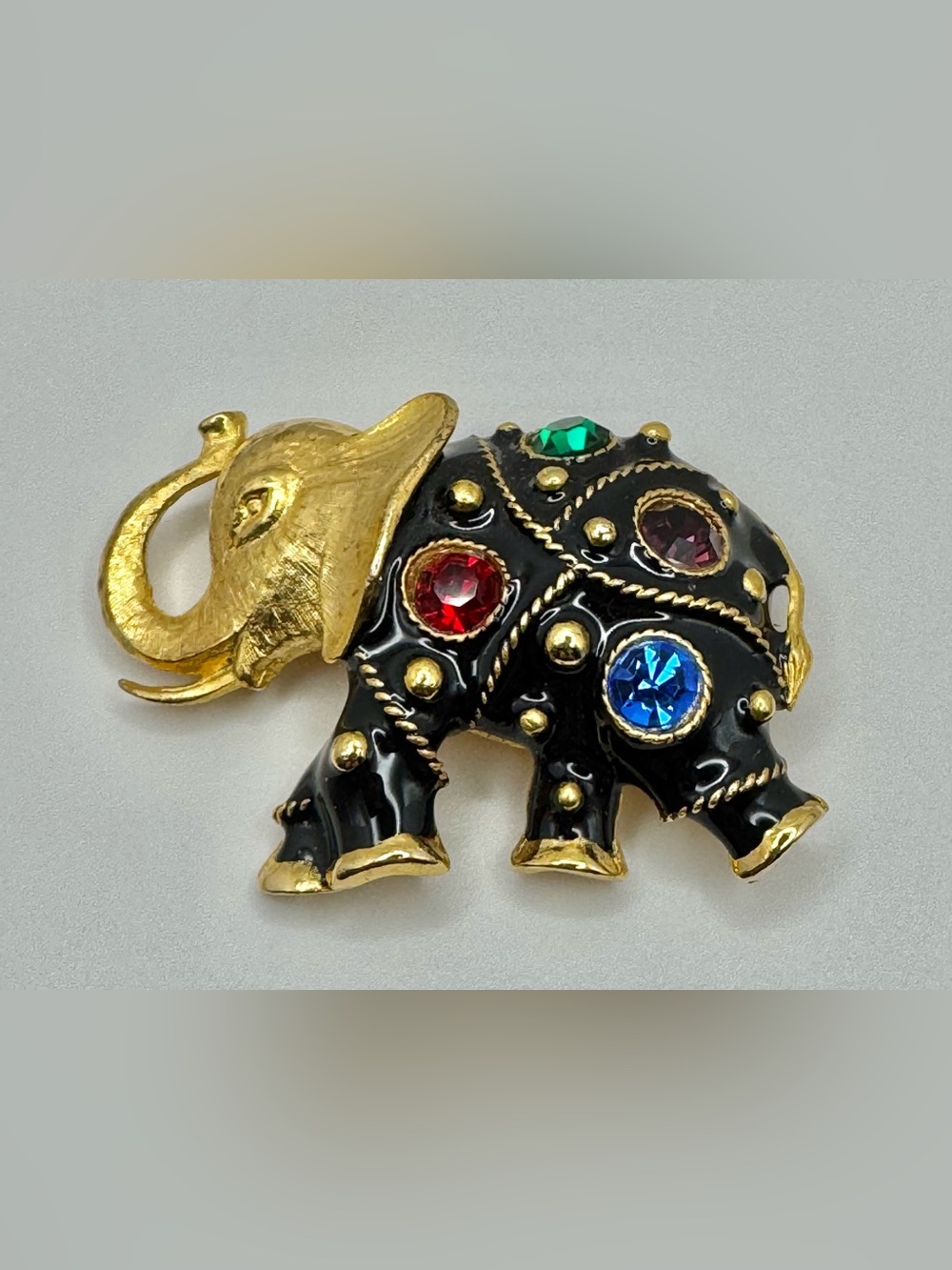 Black & Gold Elephant Brooch with Multicolored Rhinestones - Vintage